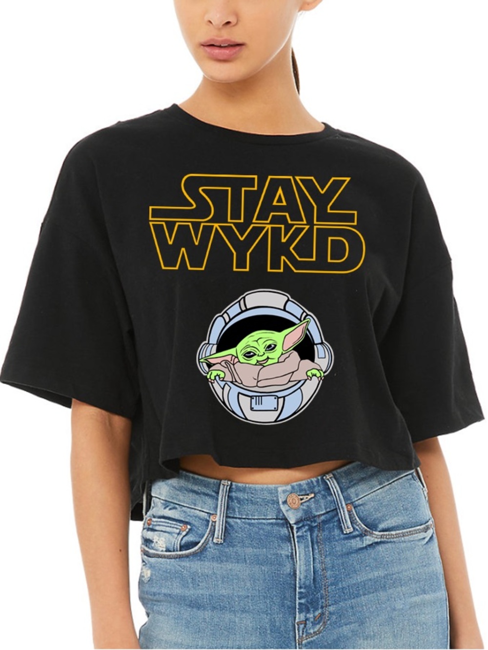 STAY WYKD Black Graphic Oversized Star Wars Grogu Crop Tshirt Top short sleeve S